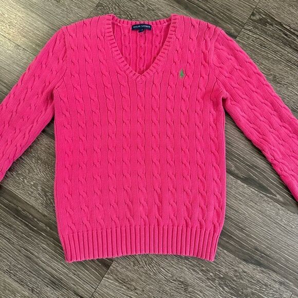 Ralph Lauren Bright Pink Cotton V Neck Cable Sweater - Picture 3 of 10